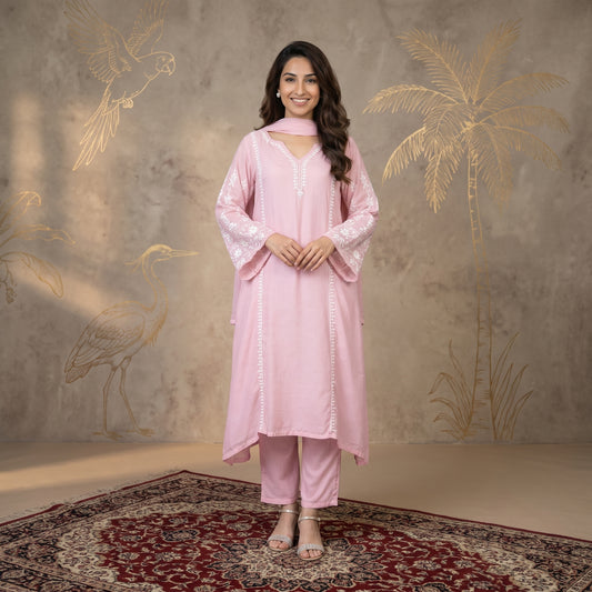 Jashn Premium Muslin Chikankari Light Pink A Line 3PC Kurta Set with Dupatta