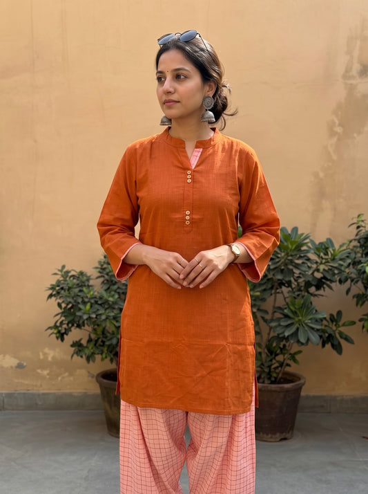 Aira Burnt Orange Cotton Slub Co-ord Set with Blush Contrasting Check Salwar
