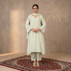 Jashn Premium Muslin Chikankari Soft Sage A Line 3PC Kurta Set with Dupatta