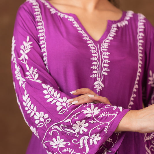 Jashn Premium Muslin Chikankari Purple A Line 3PC Kurta Set with Dupatta
