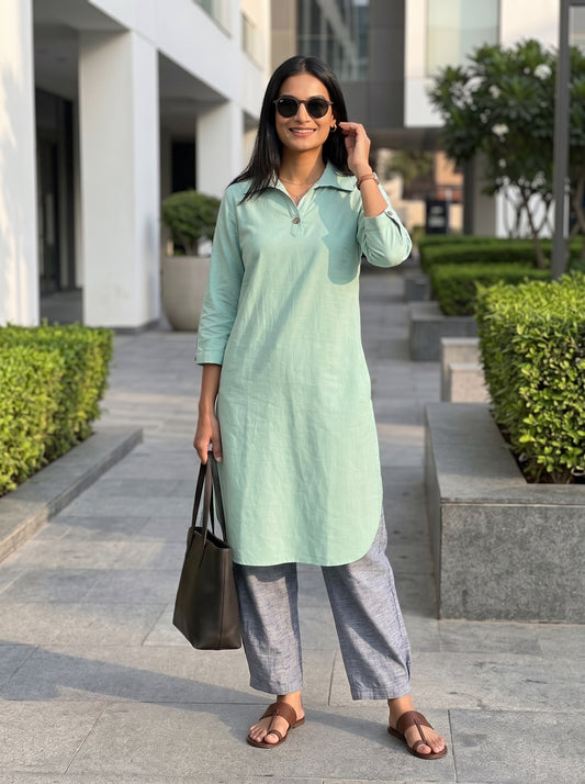 Aira Mint Green Cotton Poplin Co-ord Set with Grey Trousers