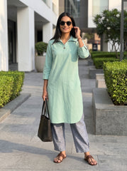 Aira Mint Green Cotton Poplin Co-ord Set with Grey Trousers