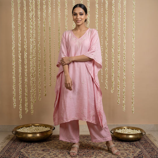 Premium Chanderi Silk Baby Pink Chikankari Kaftan Set