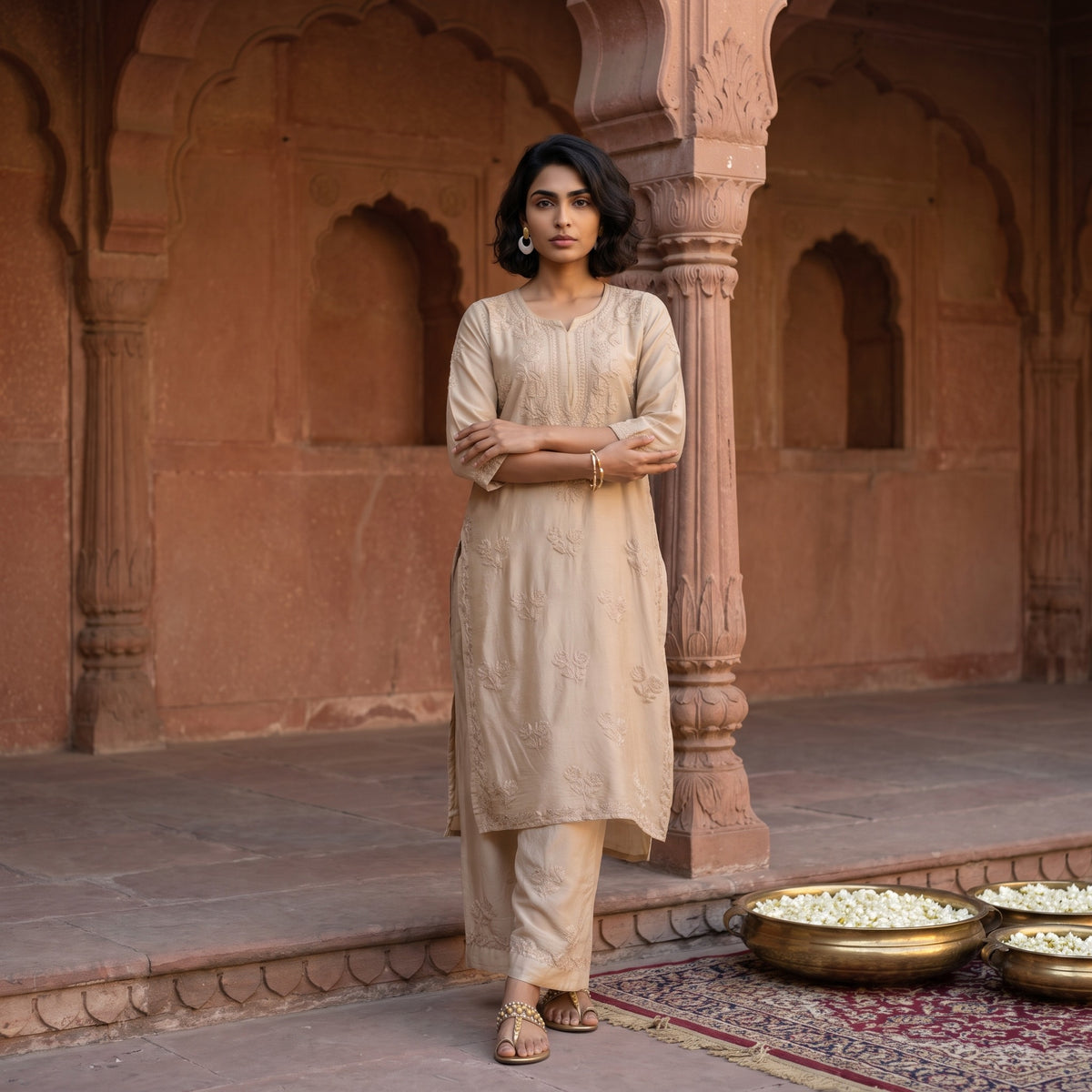 Ruhi Chanderi Chikankari Beige Kurta Set with Embroidered Palazzo