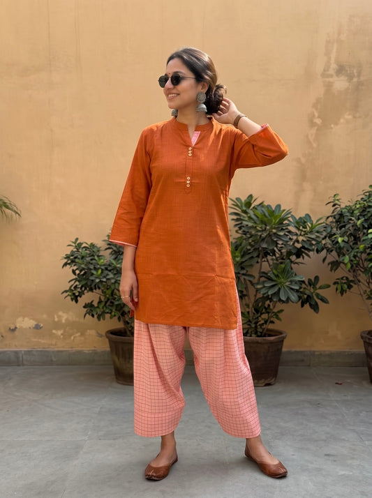 Aira Burnt Orange Cotton Slub Co-ord Set with Blush Contrasting Check Salwar