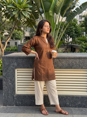 Aira Mocha Brown Cotton Slub Co-ord Set with Pinstripe Trousers