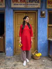 Aira Cherry Red Cotton Poplin Co-ord Set with Contrast Striped Trousers