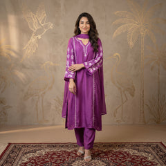 Jashn Premium Muslin Chikankari Purple A Line 3PC Kurta Set with Dupatta