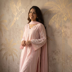Jashn Premium Muslin Chikankari Light Pink A Line 3PC Kurta Set with Dupatta