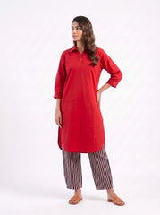 Aira Cherry Red Cotton Poplin Co-ord Set with Contrast Striped Trousers