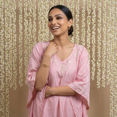 Premium Chanderi Silk Baby Pink Chikankari Kaftan Set