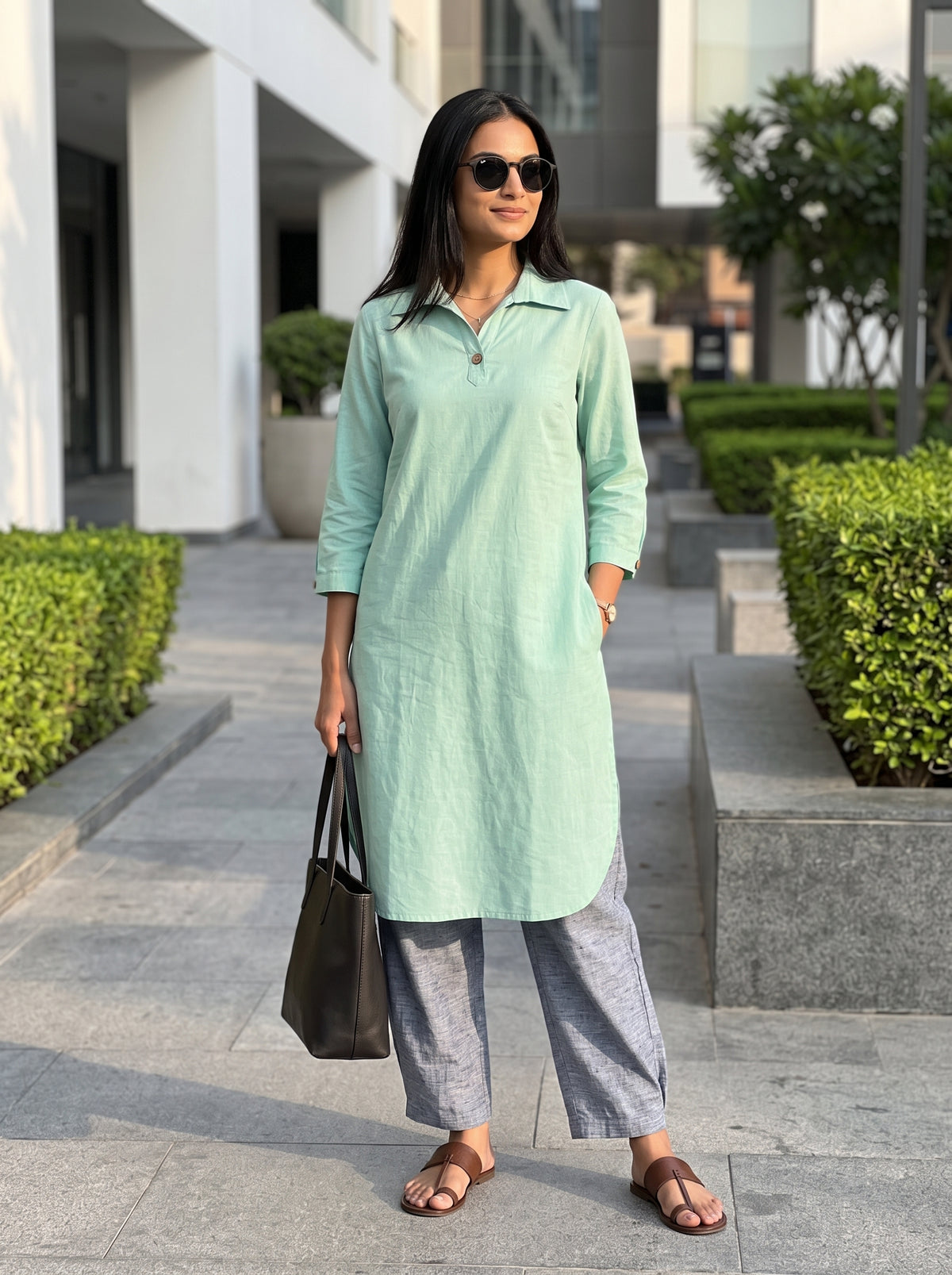 Aira Mint Green Cotton Poplin Kurta Set with Textured Grey Trousers