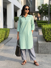 Aira Mint Green Cotton Poplin Kurta Set with Textured Grey Trousers