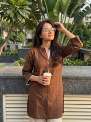 Aira Mocha Brown Cotton Slub Co-ord Set with Pinstripe Trousers
