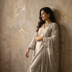Jashn Premium Muslin Chikankari Moss Grey A Line 3PC Kurta Set with Dupatta