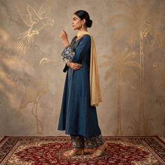 Jashn Cobalt Blue Chanderi Chikankari A-Line Kurta Set with Dupatta