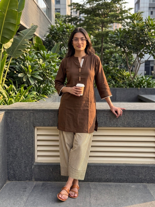 Aira Mocha Brown Cotton Slub Co-ord Set with Pinstripe Salwar