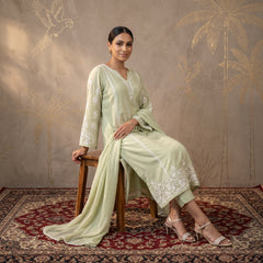 Jashn Premium Muslin Chikankari Soft Sage A Line 3PC Kurta Set with Dupatta