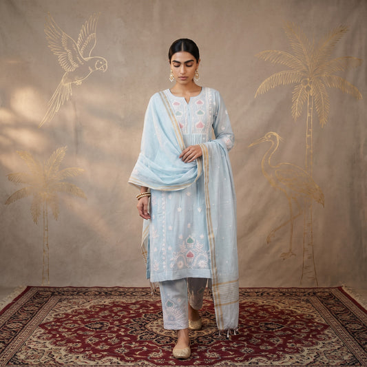 Jashn Powder Blue Pure Chanderi Chikankari A-Line Kurta Set with Dupatta