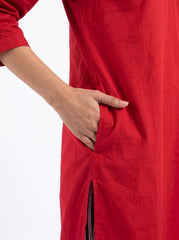 Aira Cherry Red Cotton Poplin Co-ord Set with Contrast Striped Trousers