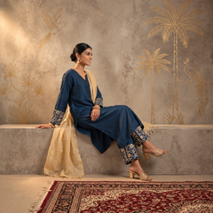Jashn Cobalt Blue Chanderi Chikankari A-Line Kurta Set with Dupatta