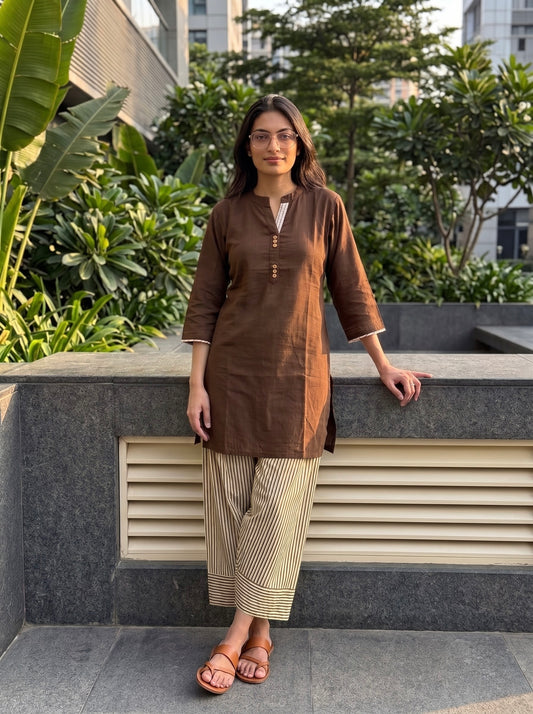 Aira Mocha Brown Cotton Slub Co-ord Set with Pinstripe Salwar