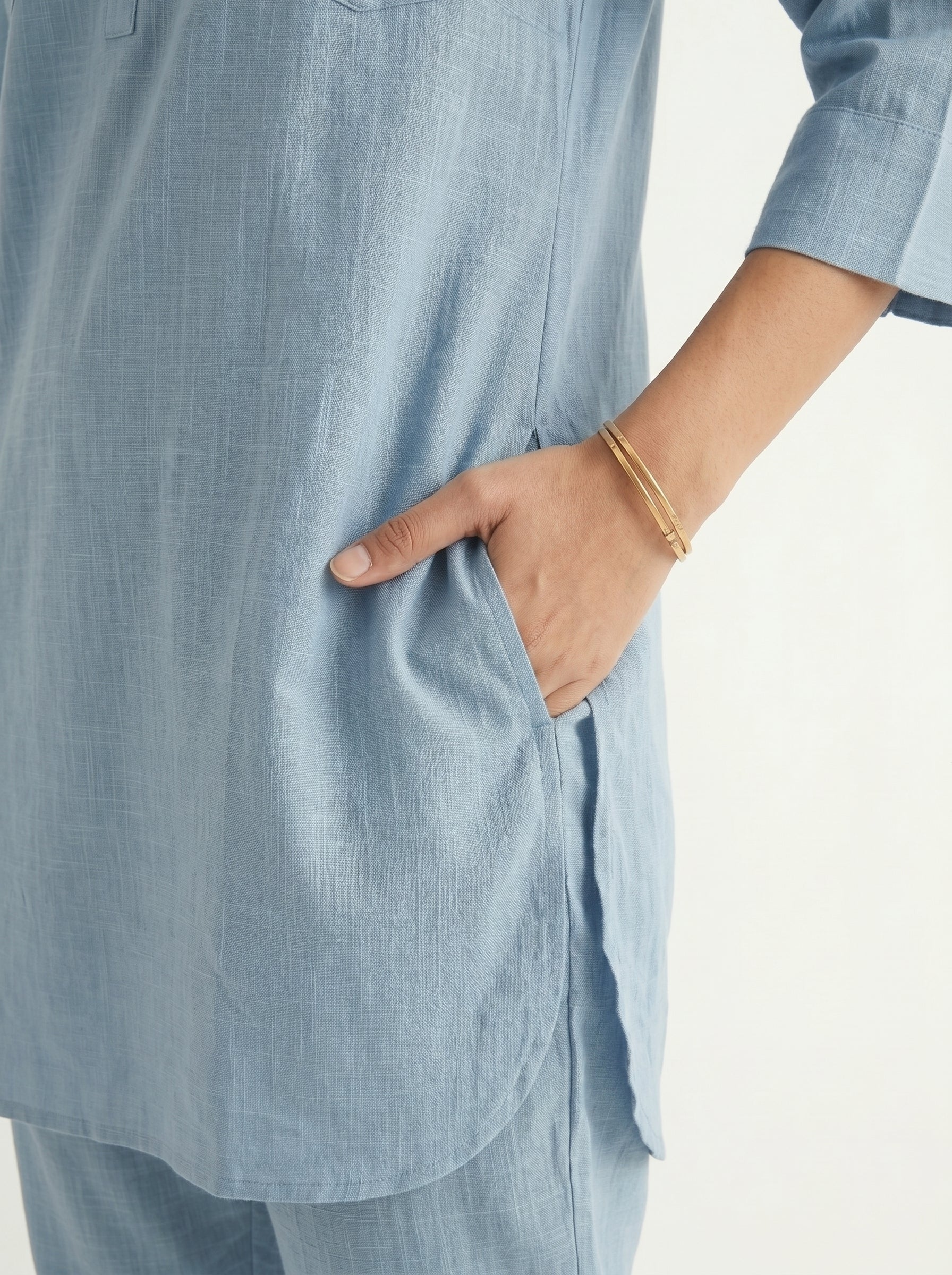 Pocket of Slate Blue Cotton Coord Set for Women