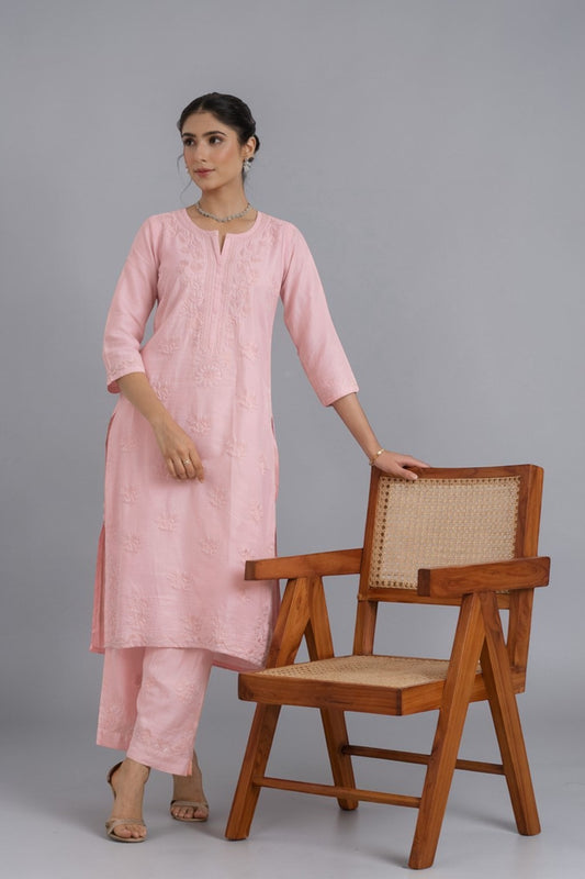 Ruhi Chanderi Chikankari Light pink Kurta Set with Embroidered Palazzo Gharana