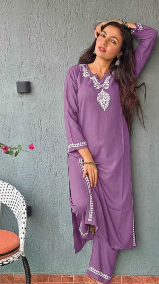 Heer Rayon 2 PC Lavender chikankari kurta set Gharana