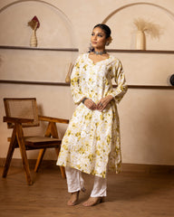 Eesha Chikankari Mulmul Floral Printed Kurta - Green Gharana