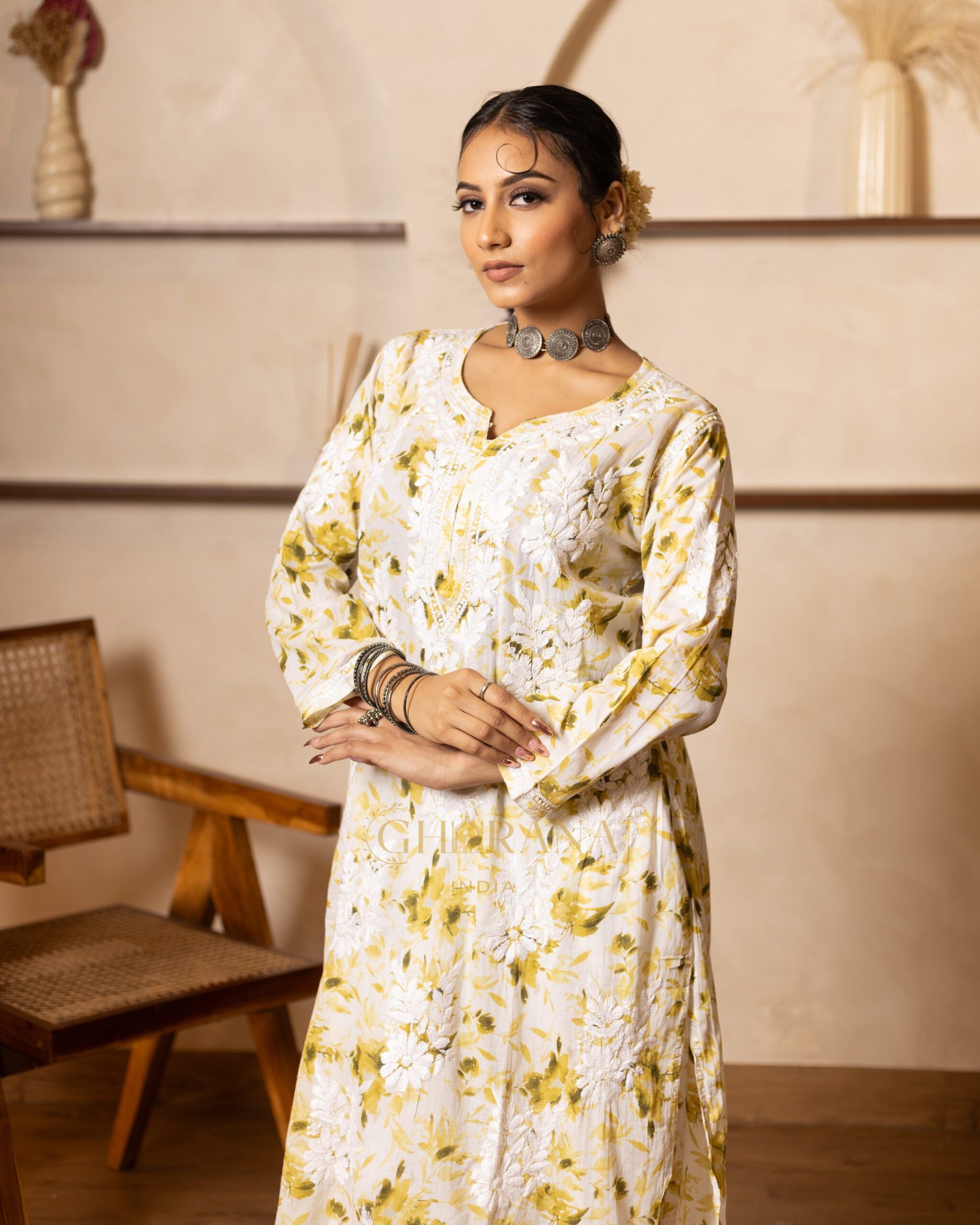 Eesha Chikankari Mulmul Floral Printed Kurta - Green Gharana