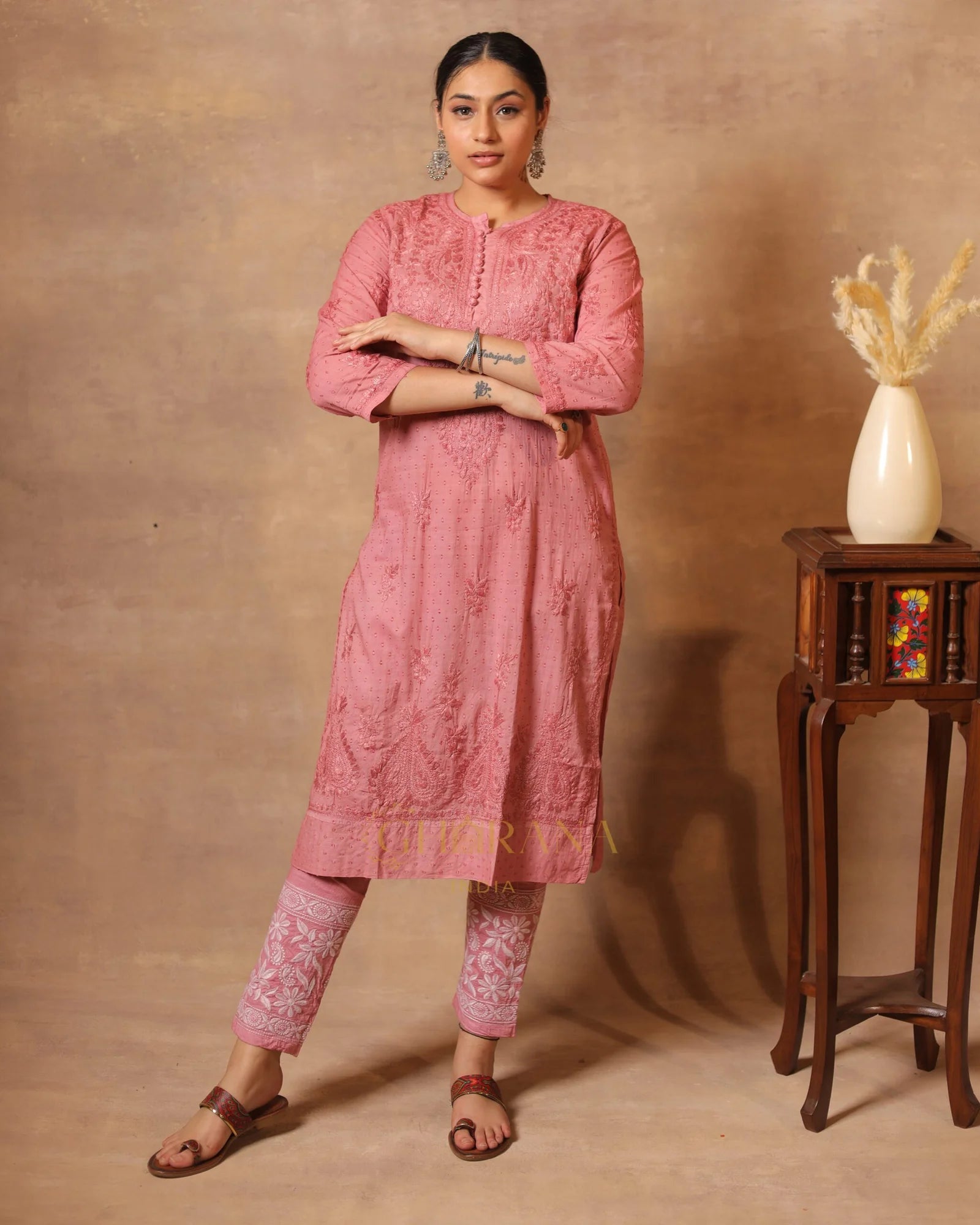 Dobby cotton Chikankari 2 piece suit set with fine hand embroidery- Blush Pink Gharana