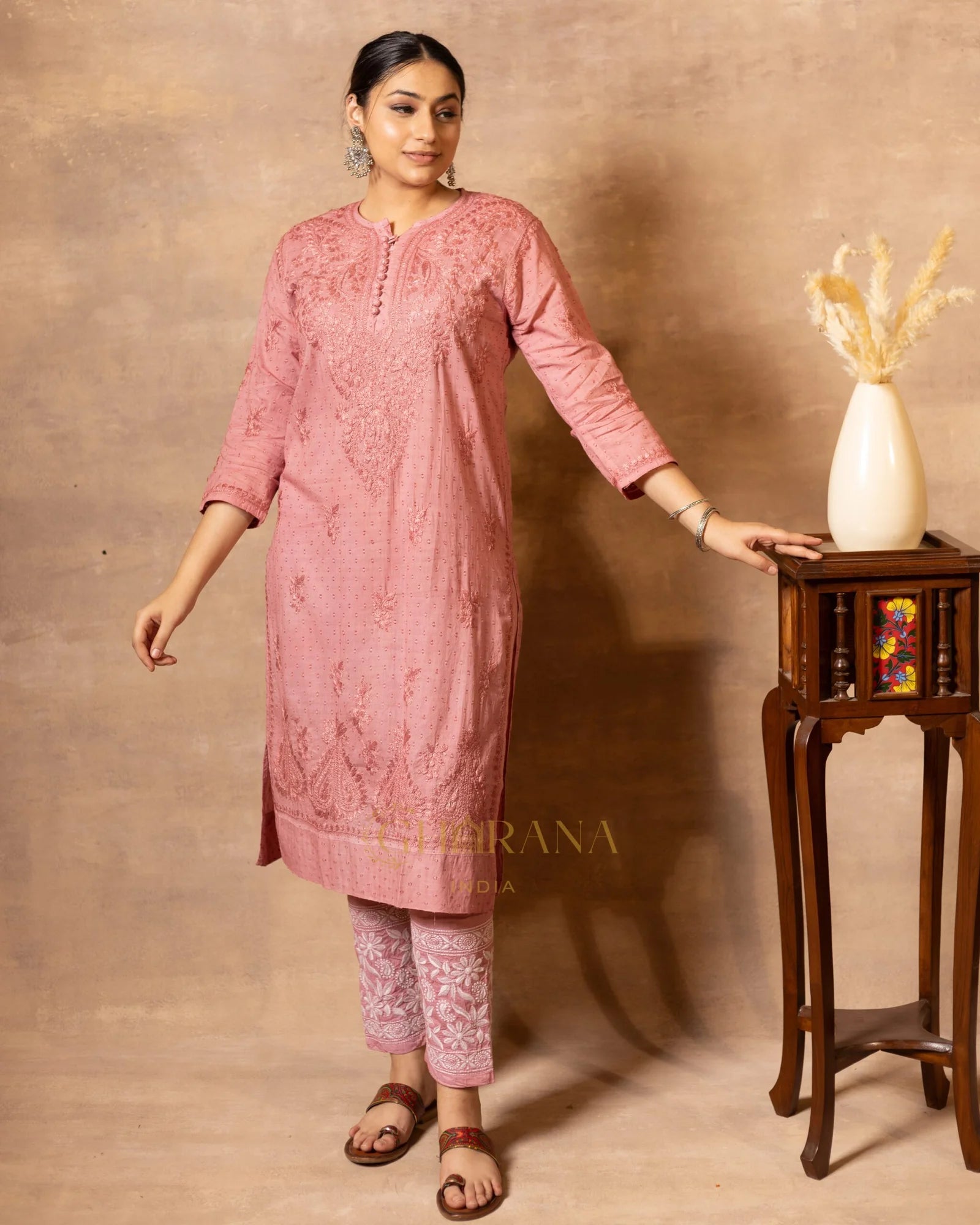 Dobby cotton Chikankari 2 piece suit set with fine hand embroidery- Blush Pink Gharana
