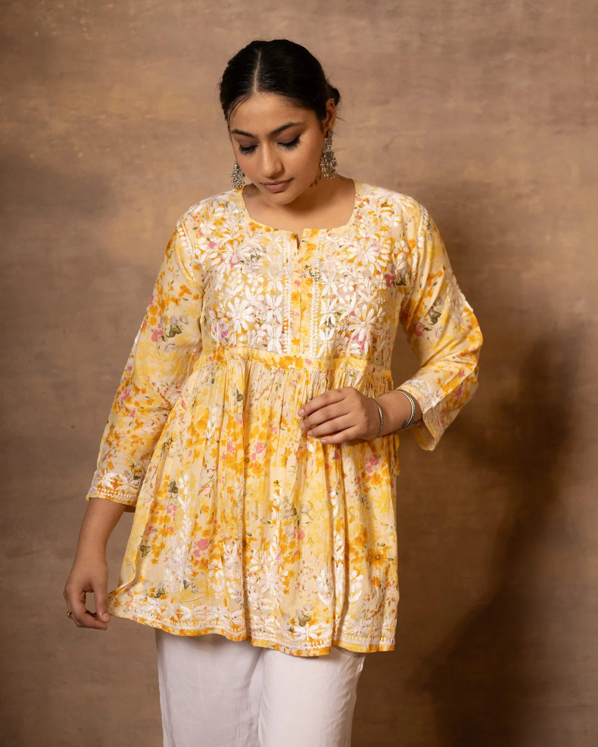MulMul cotton printed fine embroidery chikankari Top Gharana