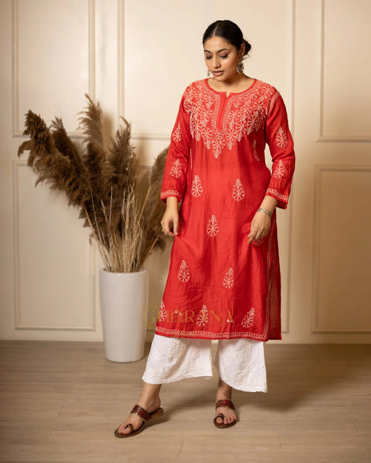 Ruhi Chanderi Chikankari Kurta with Bakhiya work – Red Gharana