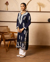 Myra Modal fine cotton chikan kari Kurta- Dark Blue Gharana