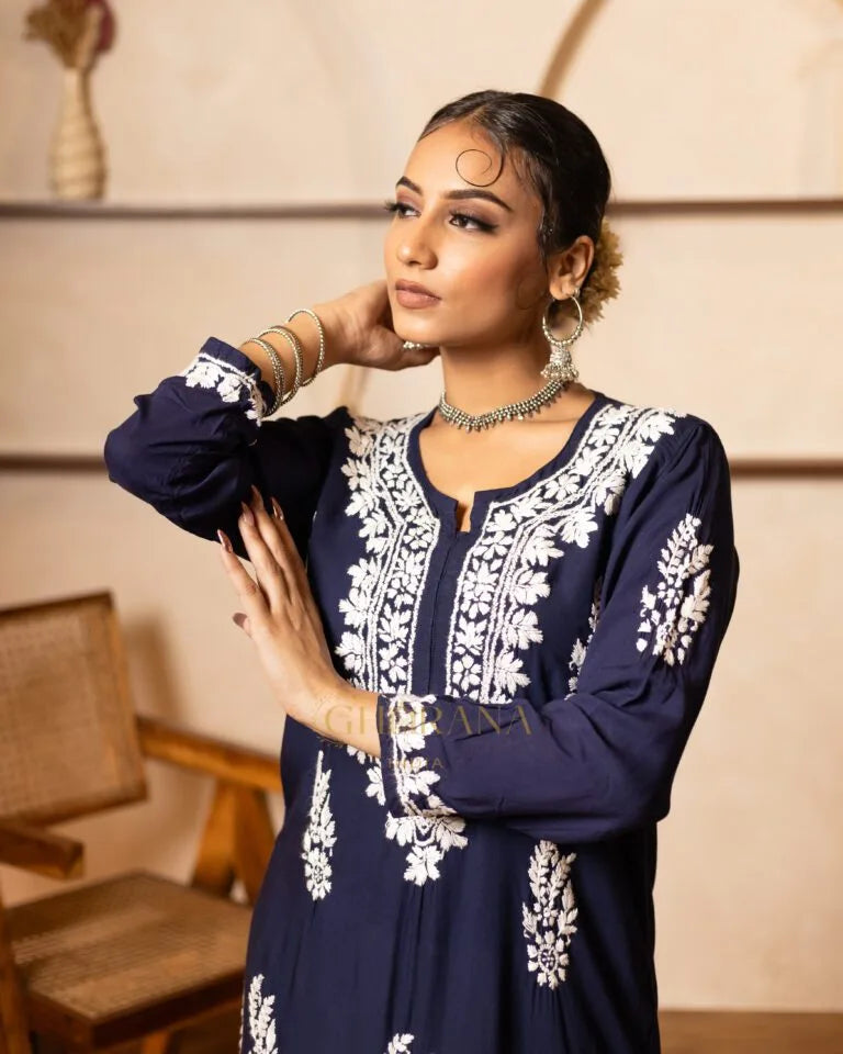 Myra Modal fine cotton chikan kari Kurta- Dark Blue Gharana