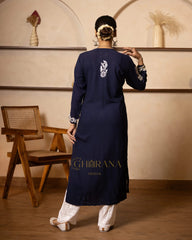 Myra Modal fine cotton chikan kari Kurta- Dark Blue Gharana