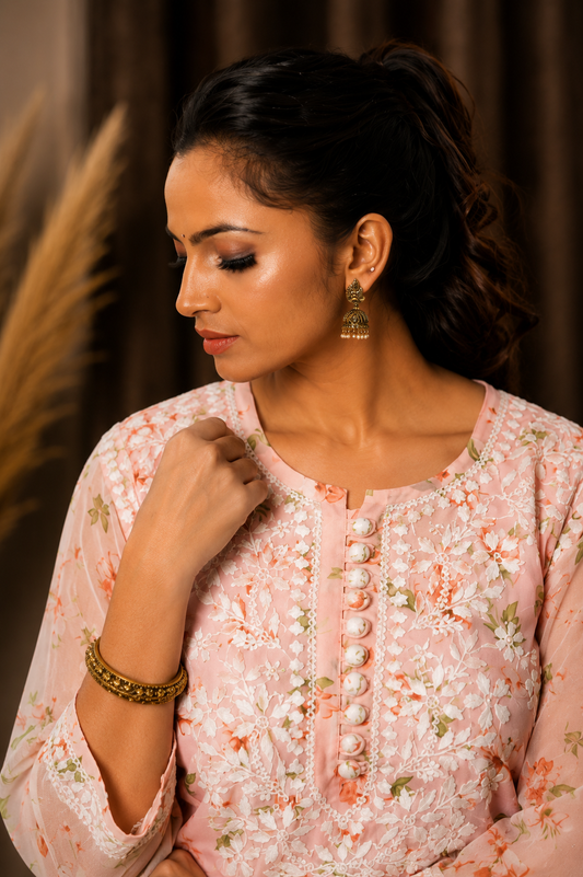 Aadya Chikankari Georgette Floral Printed Kurta – Light Pink