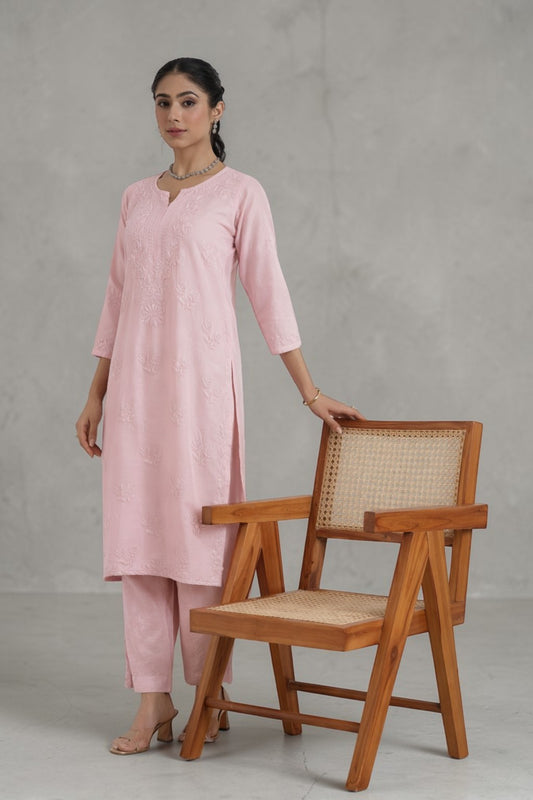 Ruhi Chanderi Chikankari Light pink Kurta Set with Embroidered Palazzo Gharana
