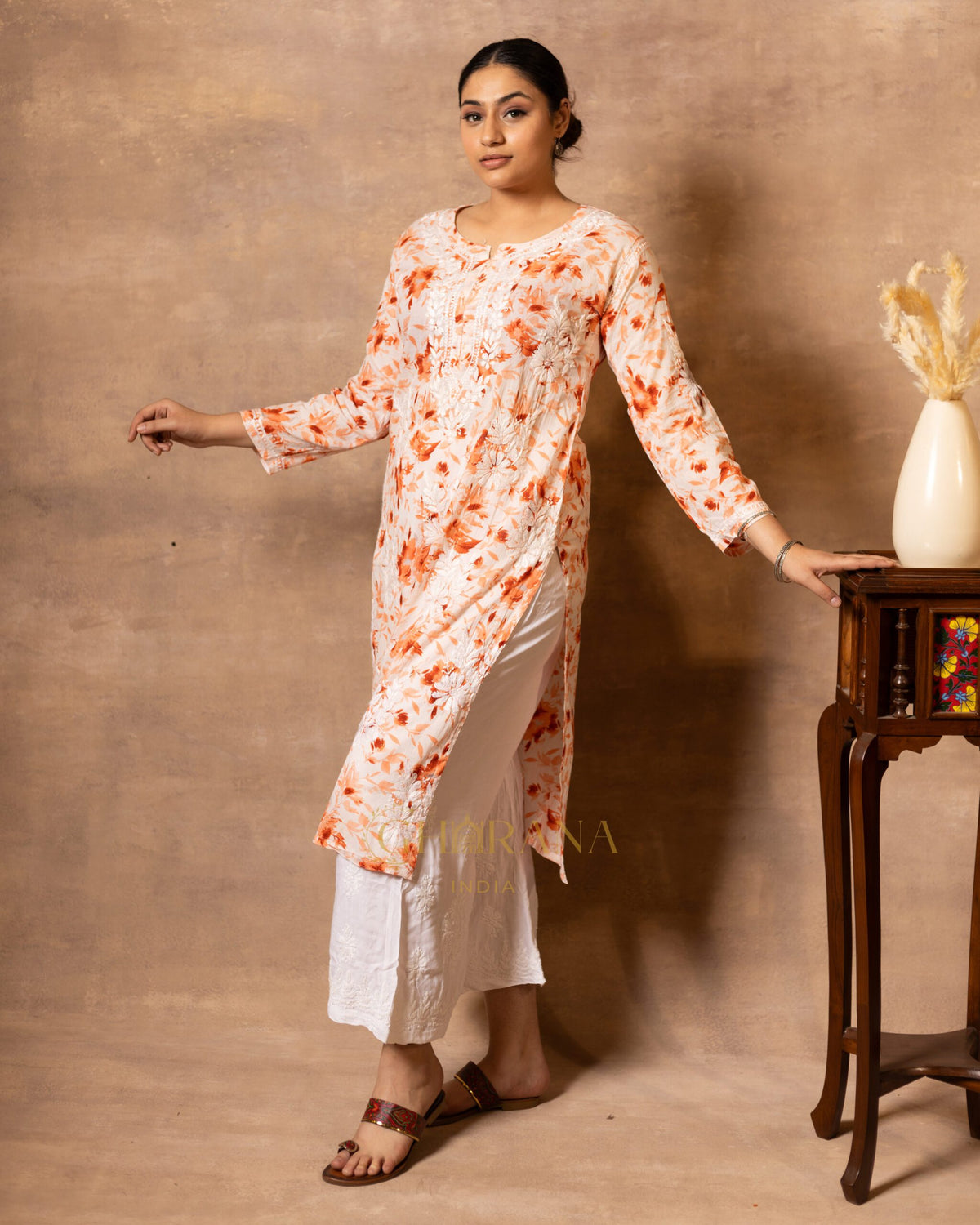 Eesha Chikankari Mulmul Floral Printed Kurta - Orange Gharana