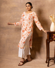 Eesha Chikankari Mulmul Floral Printed Kurta - Orange Gharana