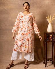 Eesha Chikankari Mulmul Floral Printed Kurta - Orange Gharana