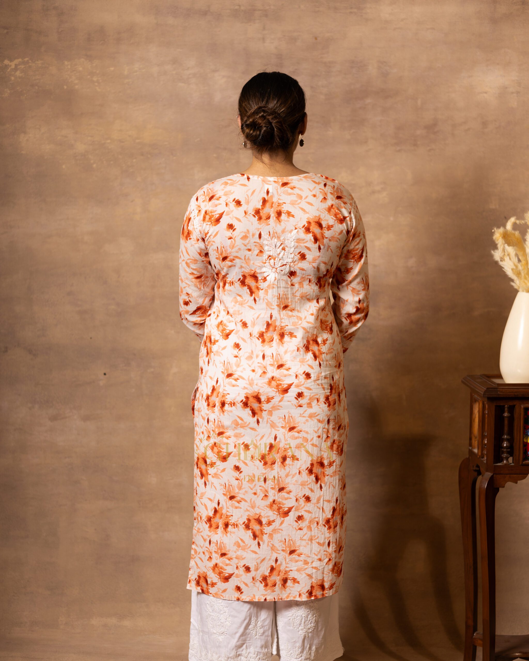 Eesha Chikankari Mulmul Floral Printed Kurta - Orange Gharana