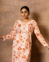 Eesha Chikankari Mulmul Floral Printed Kurta - Orange Gharana