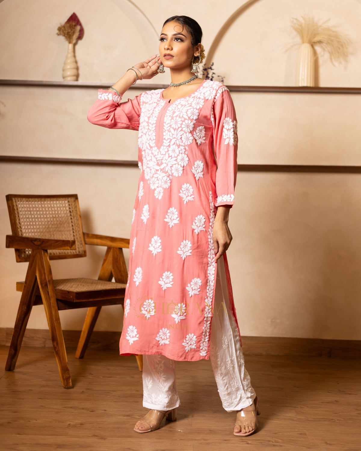 Myra Modal fine cotton chikan kari Kurta - Pink Gharana