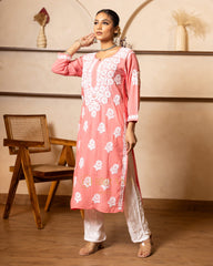 Myra Modal fine cotton chikan kari Kurta - Pink Gharana