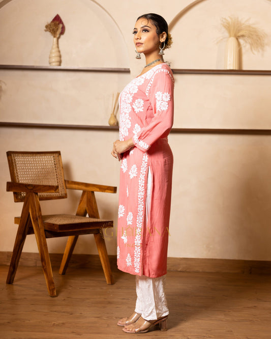 Myra Modal fine cotton chikan kari Kurta - Pink Gharana