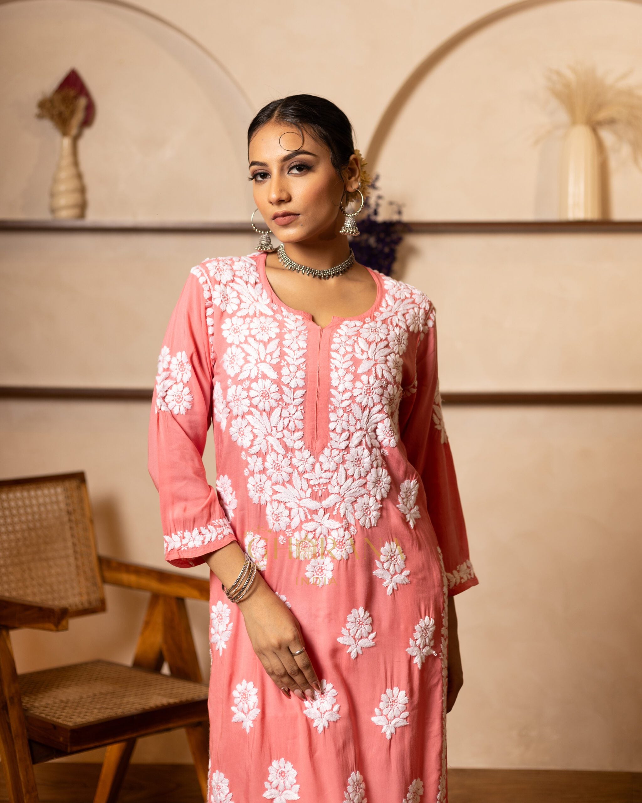 Myra Modal fine cotton chikan kari Kurta - Pink Gharana