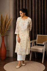 Aadya Chikankari Georgette Floral Printed Kurta  – Off White